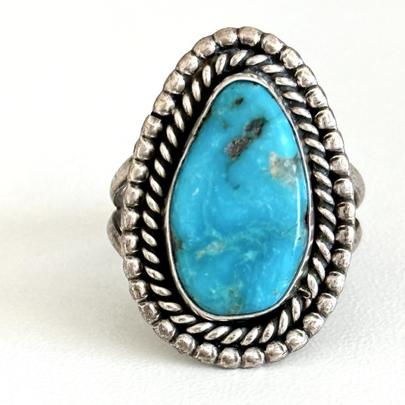 Vintage 925 Sterling Silver Turquoise Large Southwestern Tall Band Ring Size 8